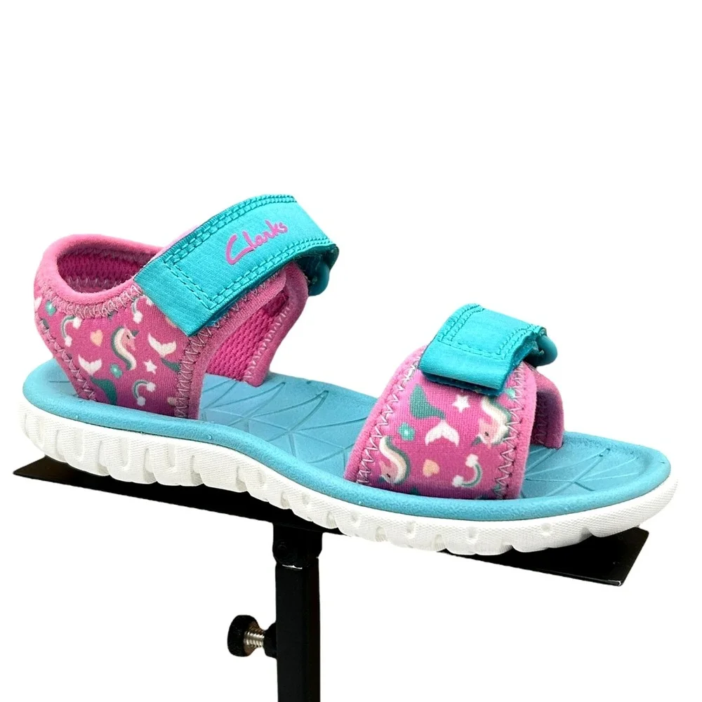 Clarks‎ Toddler Girls Open Toe Adjustable Sandals Sz 10 Wide Pink-Aqua Unicorn